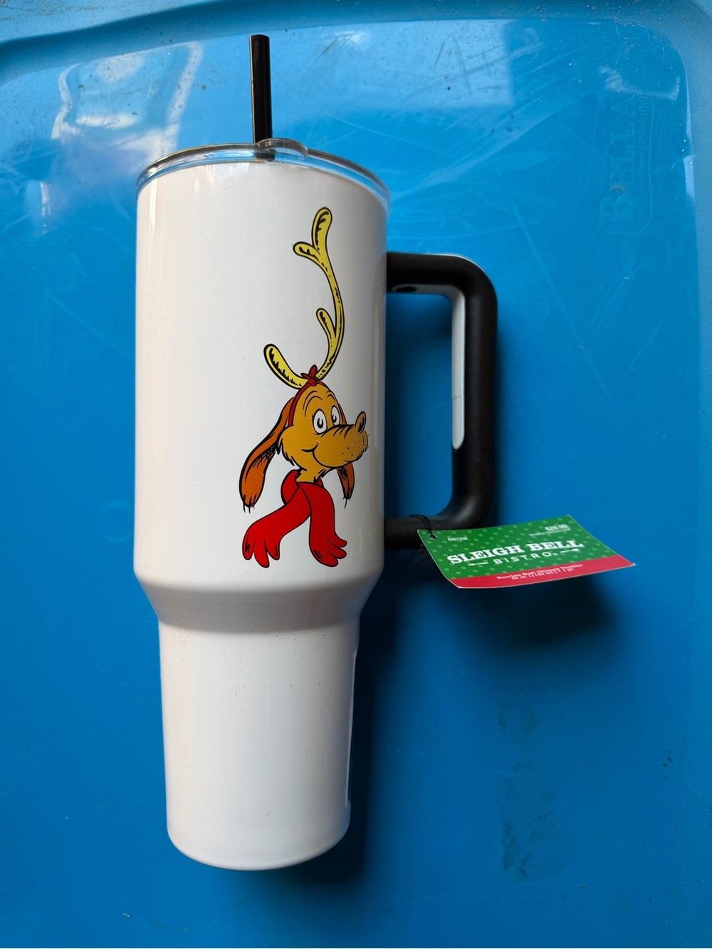 White Holiday Travel Tumbler with Cartoon Reindeer Design